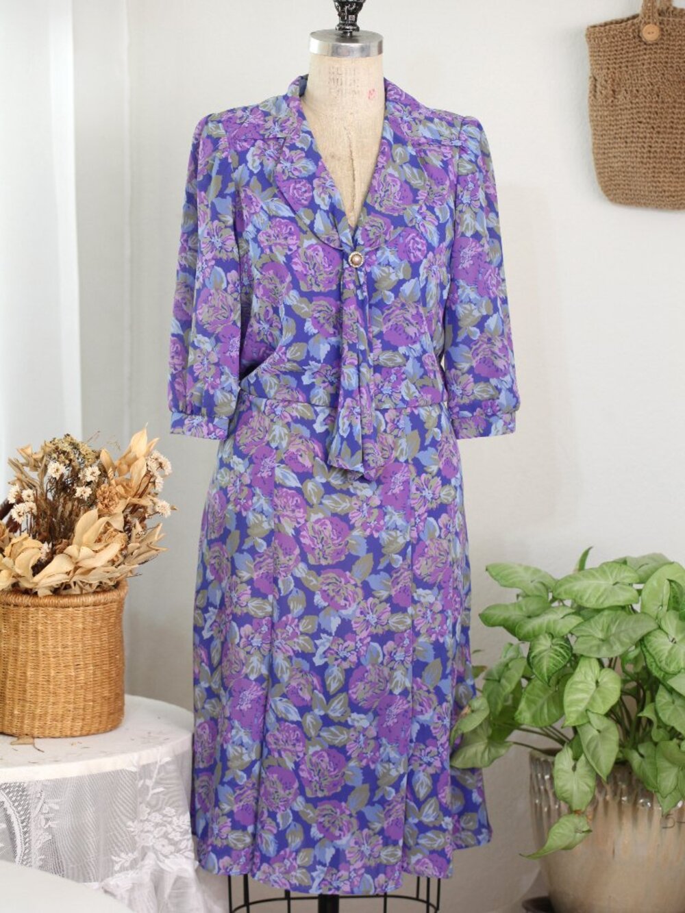 Vintage 80s Purple Floral Dress | JT Petites Secretary Dress | Romantic Floral M